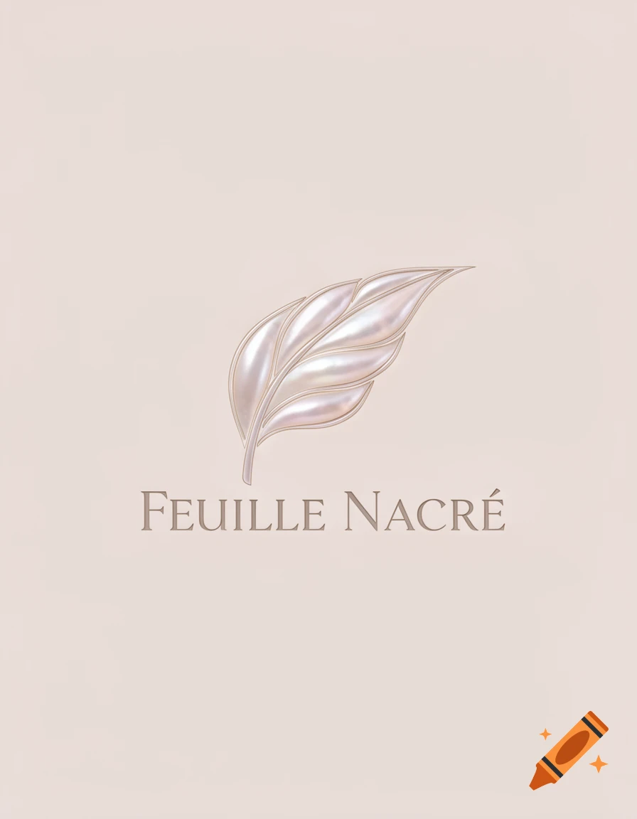 A pearlescent leaf logo above the text 'FEUILLE NACR ' on a pale pink background.