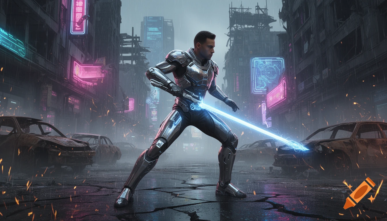 A futuristic cyberpunk warrior in metallic armor holds a glowing energy sword, standing amidst a ruined neon city with rain, sparks, and abandoned vehicles.