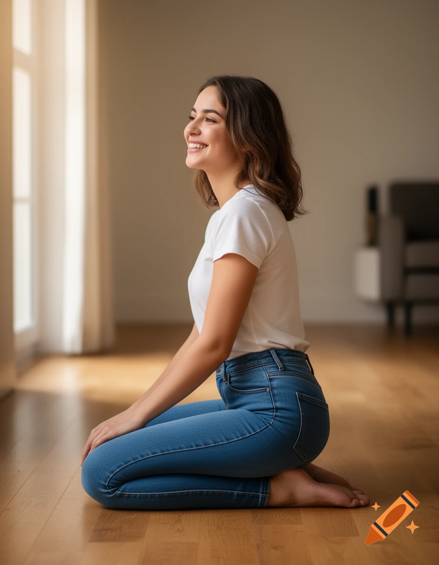 A smiling young woman in a white t-shirt and blue jeans kneels on a wooden floor, looking out a sunlit window.