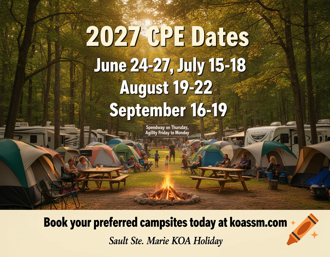 A vibrant campground scene with numerous tents, RVs, people around picnic tables, and a bonfire, set against a backdrop of dense forest and warm sunlight. Text overlaid on the image announces 2027 CPE Dates and booking information.