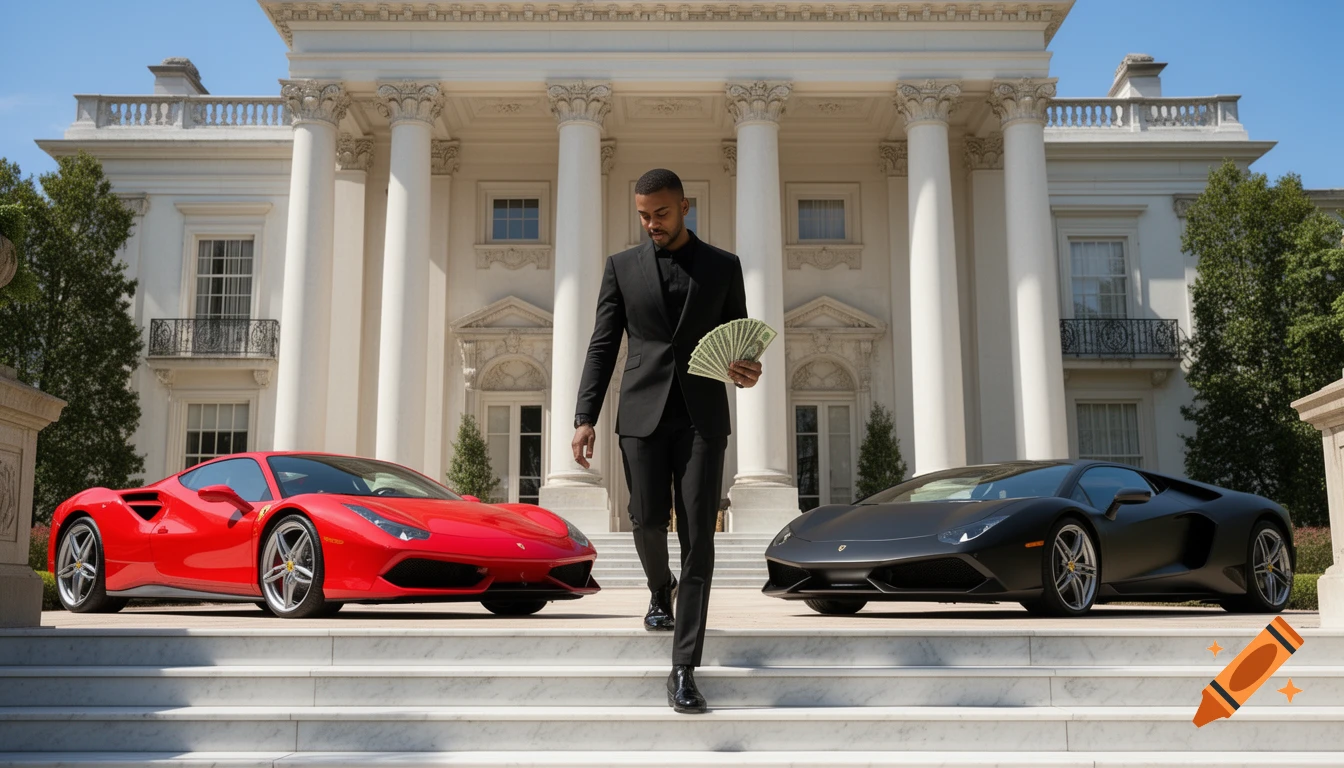 A man in a black suit walks down white marble steps, holding a fan of cash. A red Ferrari and a black Lamborghini are parked on either side in front of a grand white mansion.