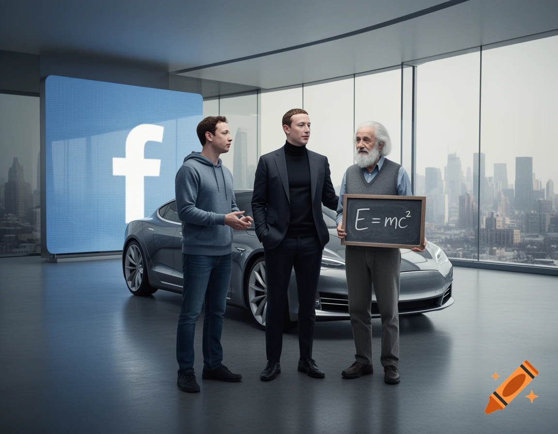Two men resembling Mark Zuckerberg and a man resembling Albert Einstein stand with a grey Tesla car in a modern showroom. A Facebook logo is on a large screen, and Einstein holds a blackboard with "E=mc2".