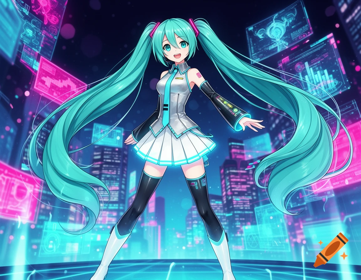 Hatsune Miku in a futuristic city with glowing holographic screens, posing in her signature outfit and long teal pigtails, anime style.
