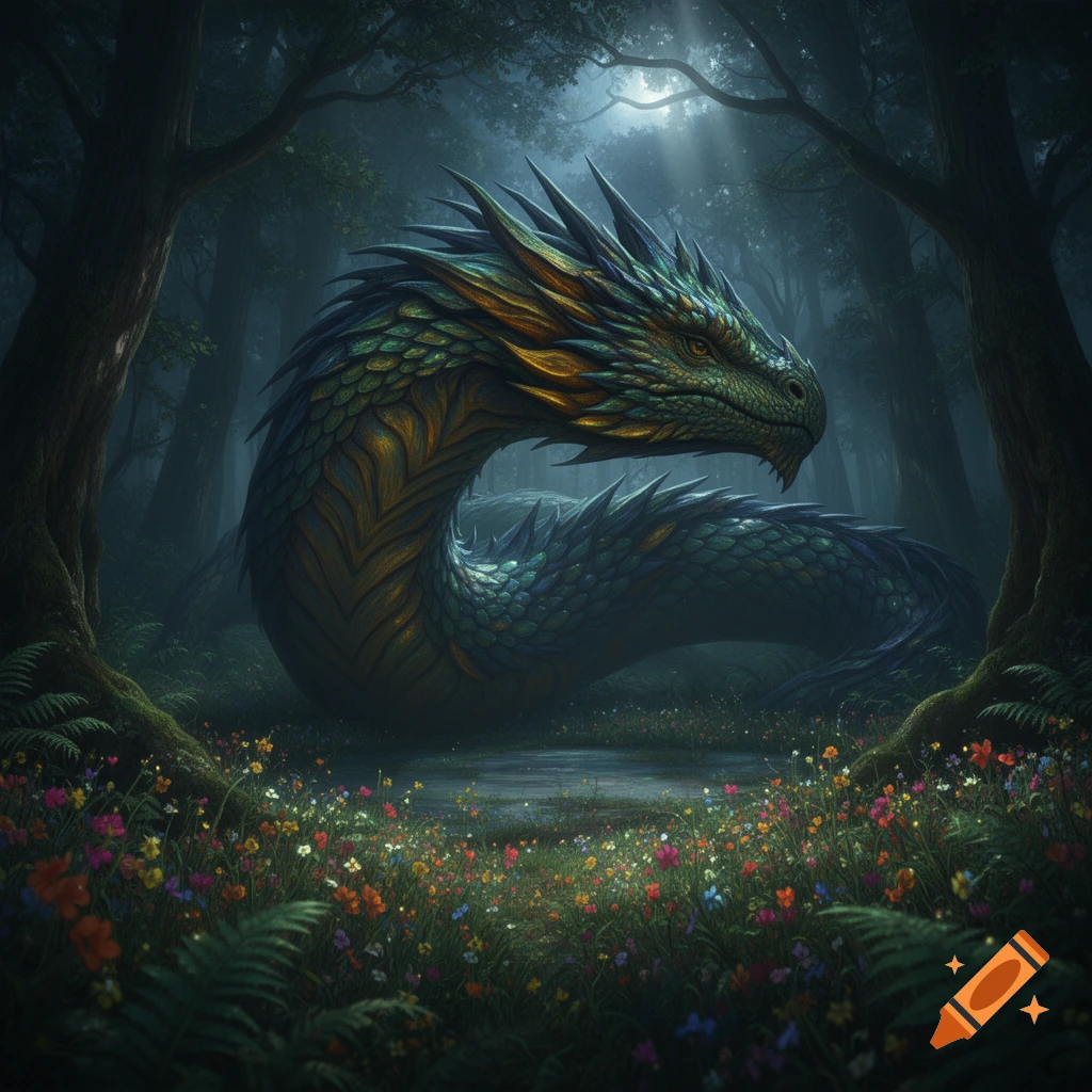 A majestic green and gold dragon with intricate scales coils in a dark, mystical forest, surrounded by vibrant wildflowers and ethereal light rays.