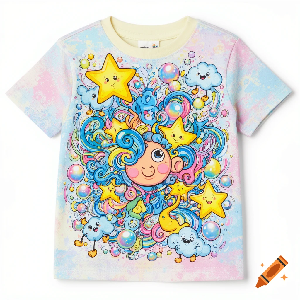 Colorful children's t-shirt with a whimsical cartoon design featuring a character with blue hair, stars, smiling clouds, and bubbles on a pastel background.