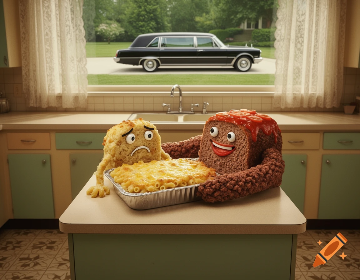 A sad anthropomorphic tuna casserole is comforted by a smiling meatloaf in a kitchen, with a black hearse outside the window.