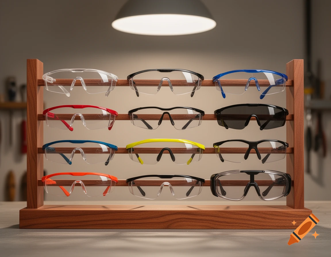 A close-up view of twelve pairs of clear and colored safety glasses displayed neatly on a three-tier wooden rack.