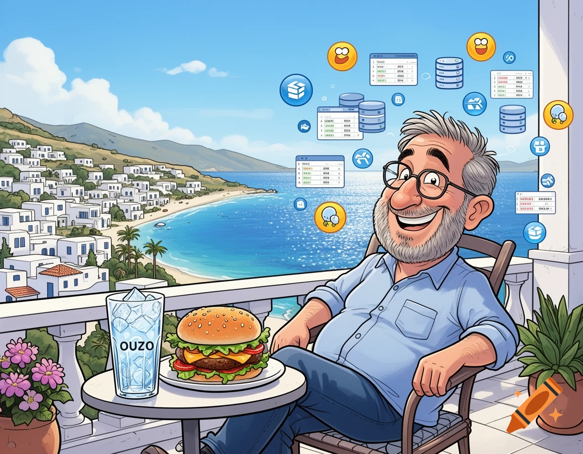 A smiling, grey-haired man with glasses relaxes on a balcony overlooking a Greek village and blue sea, with a burger and a glass of ouzo. Floating around him are cartoon database icons and garbled SQL table windows.