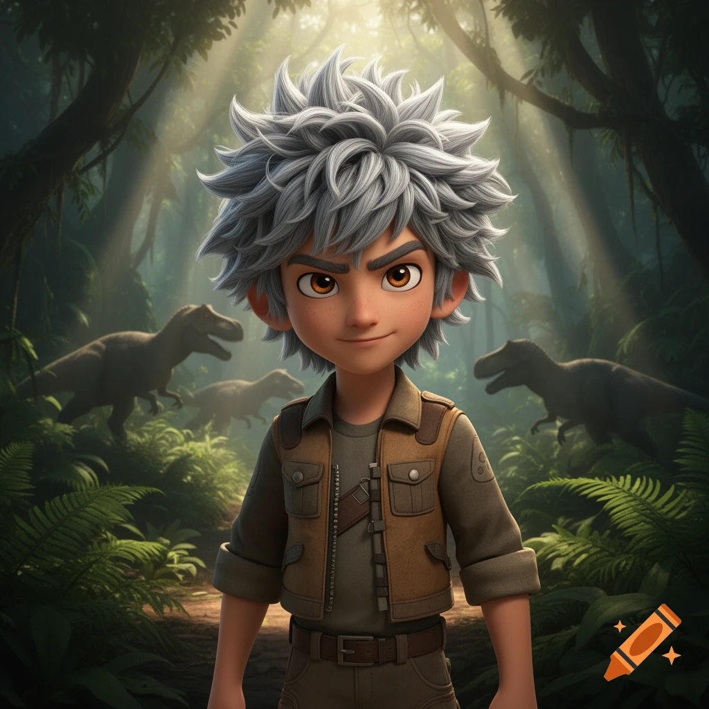 An animated boy with spiky grey hair and brown eyes, wearing a brown vest, smiles in a jungle with two shadowy dinosaurs in the background.