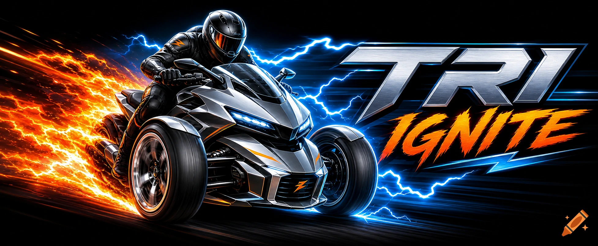 A futuristic silver three-wheeled vehicle with a rider in a black suit, engulfed in orange flames and blue lightning, with "TRI IGNITE" logo.