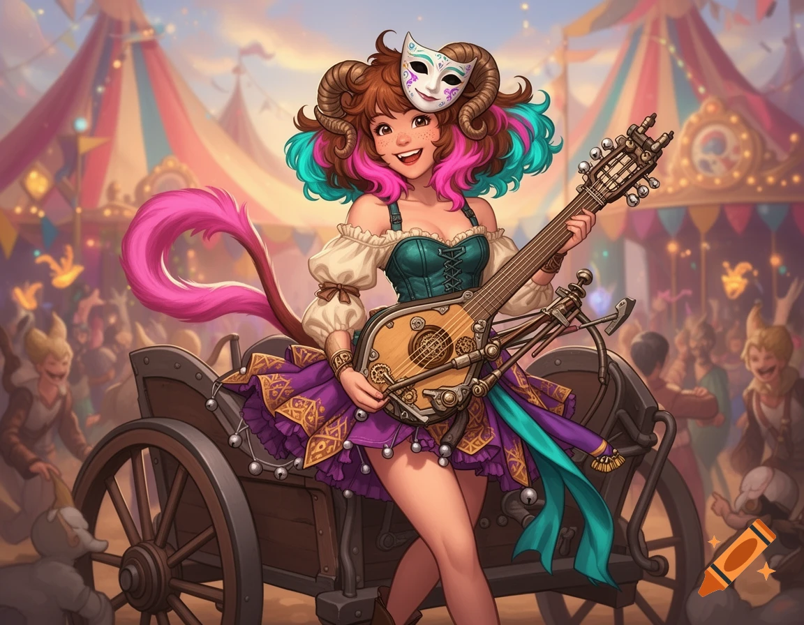 Smiling anime bard with ram horns, colorful hair, and a pink tail plays a mechanical lute in a cheerful fantasy circus.