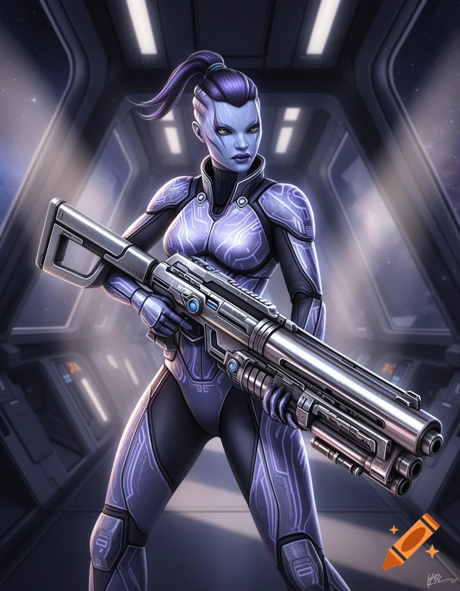 An illustrated blue-skinned alien woman with a purple ponytail stands in a spaceship corridor, holding a large sci-fi shotgun.
