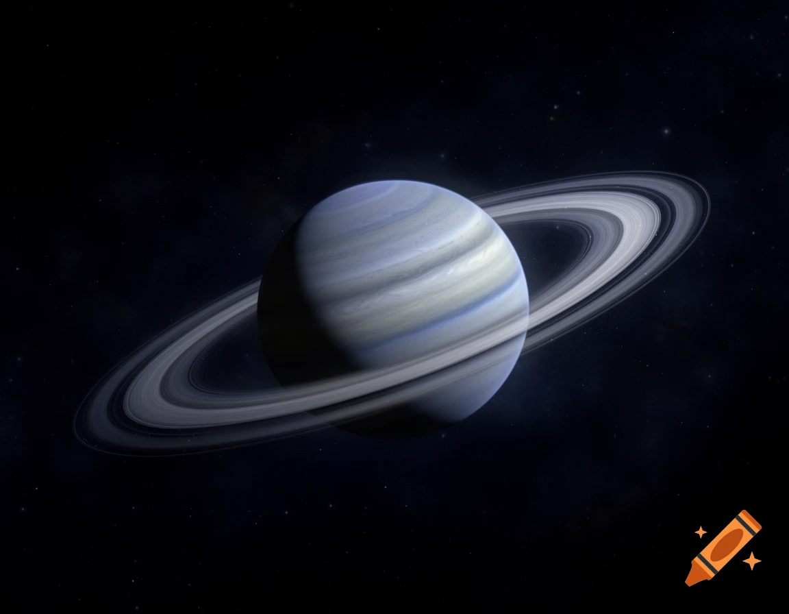 A majestic view of Saturn and its rings against a dark, star-speckled cosmic background in a painting.