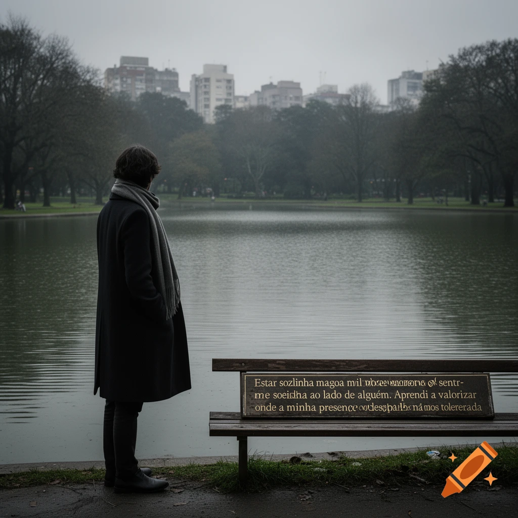 A person in a black coat and scarf stands with their back to the viewer, looking at a lake on a gloomy day. A bench with illegible text is in the foreground.