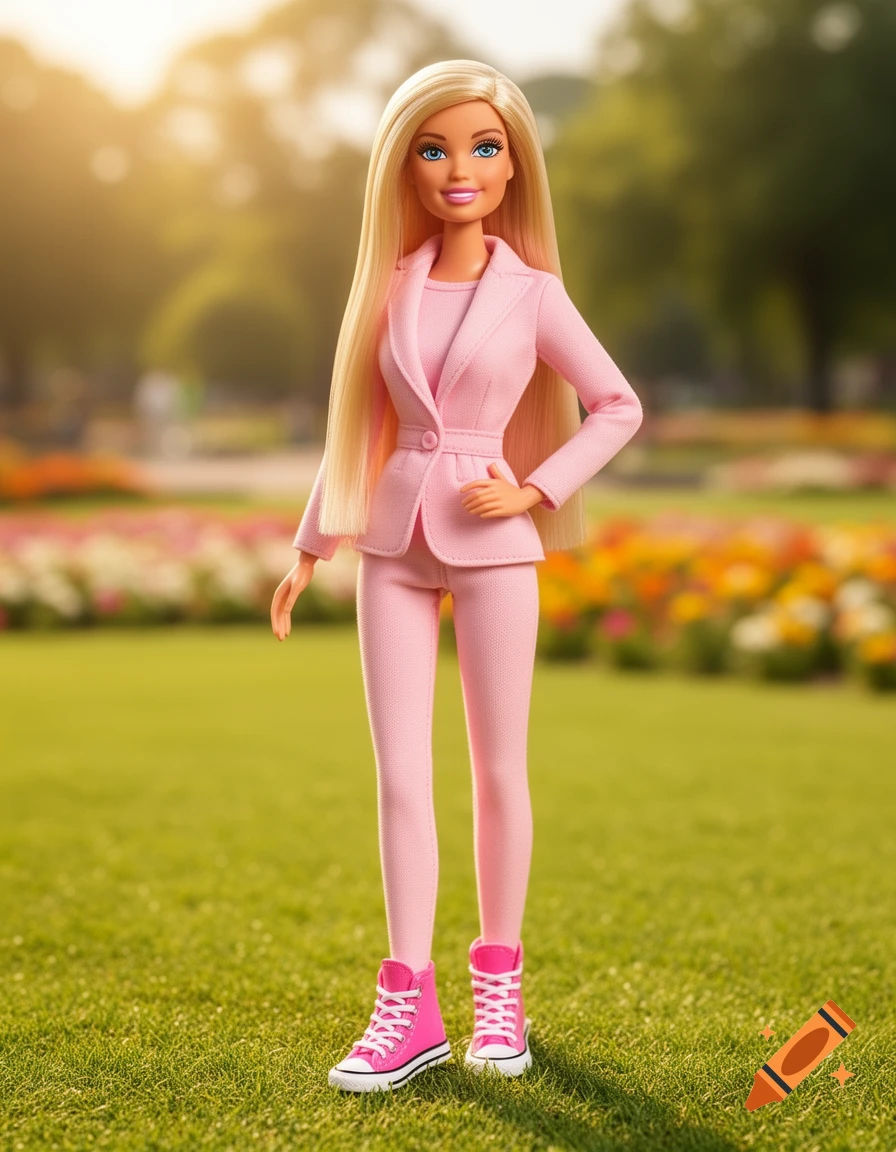 Photorealistic Barbie doll in a pink pantsuit and pink high-top sneakers standing in a sunny grassy park with flowers.