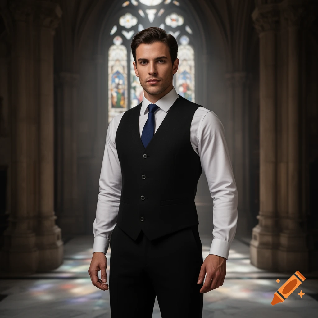 A well-dressed man in a black vest and white shirt with a blue tie stands in a grand gothic building with stained glass windows.