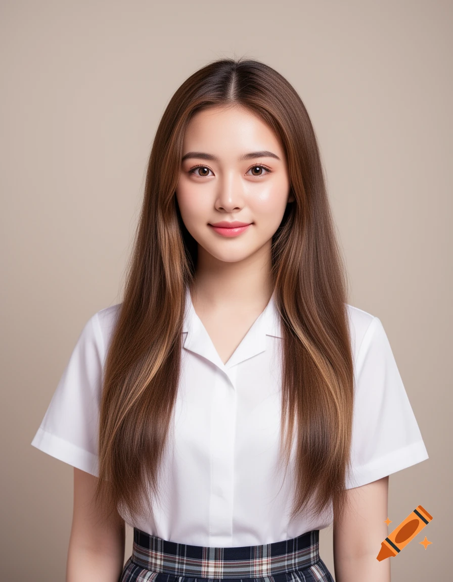 A studio portrait of a young East Asian woman with long brown hair, wearing a white short-sleeved collared shirt and a plaid skirt, smiling softly at the viewer.