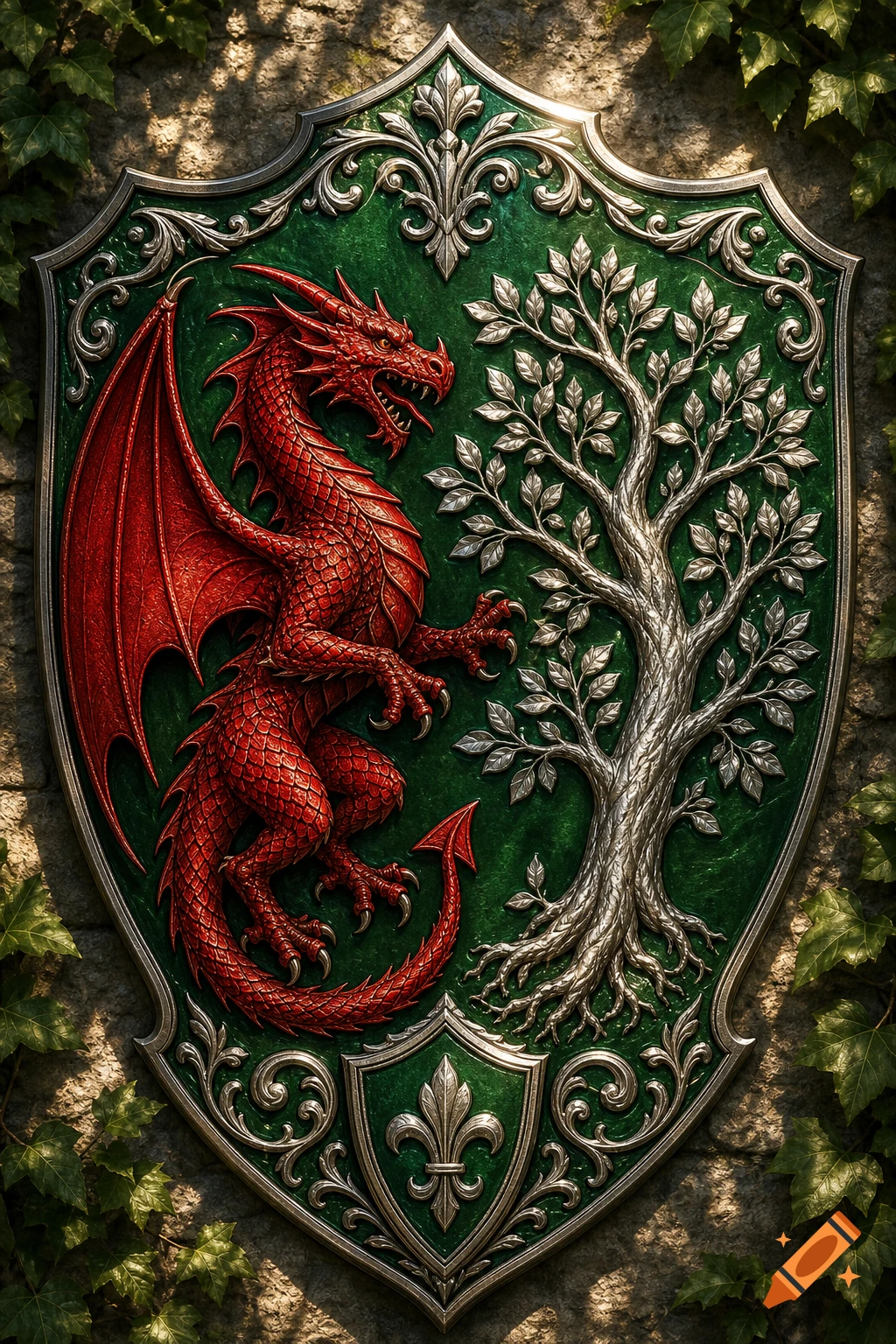 A vibrant red dragon and a silver tree are embossed on an ornate green shield with silver trim, set against a stone wall with ivy.