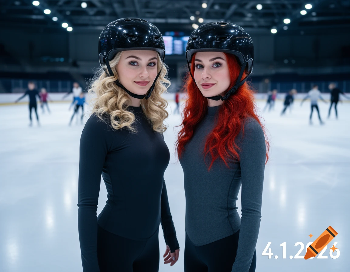 Two women, one blonde and one red-haired, in black helmets and athletic suits, pose on an ice rink with the date 4.1.2026.