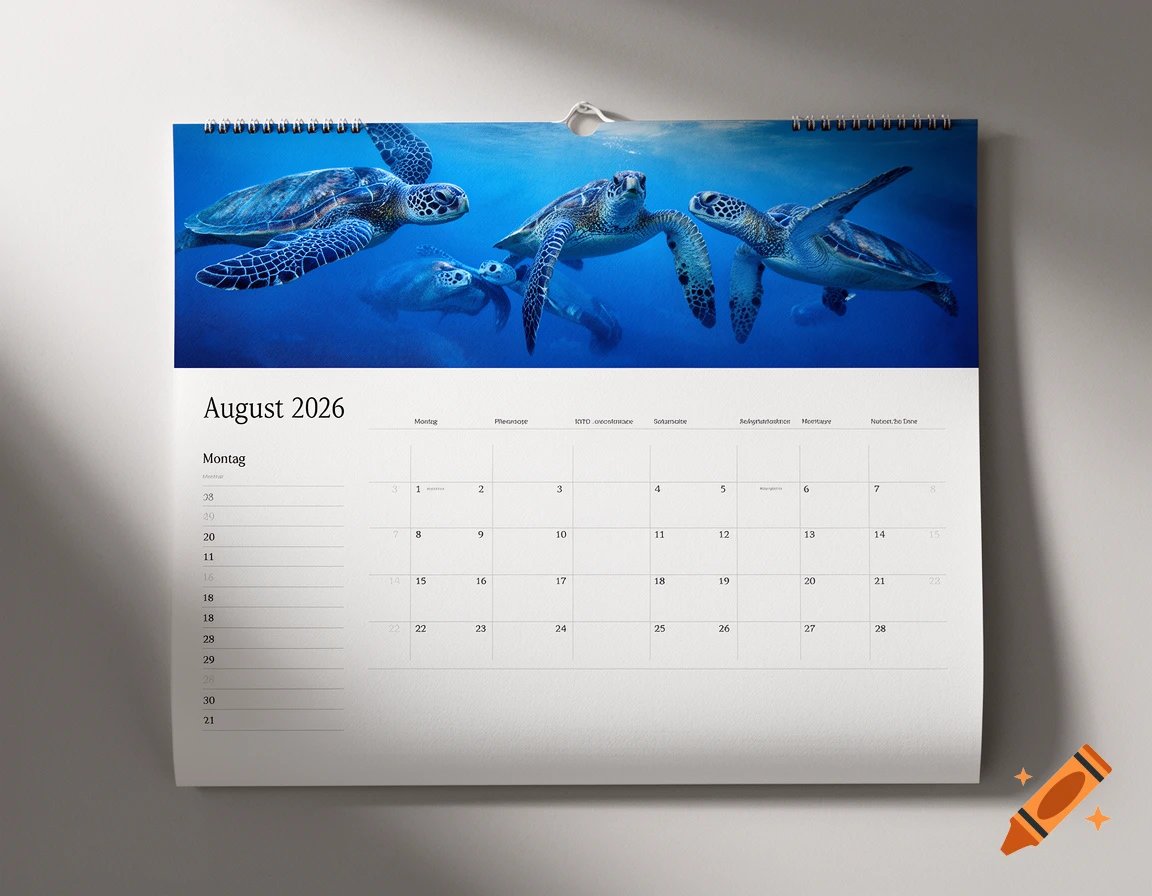 A wall calendar for August 2026, featuring a photorealistic image of several sea turtles swimming in a blue ocean. The calendar grid shows dates and partially incorrect day names.
