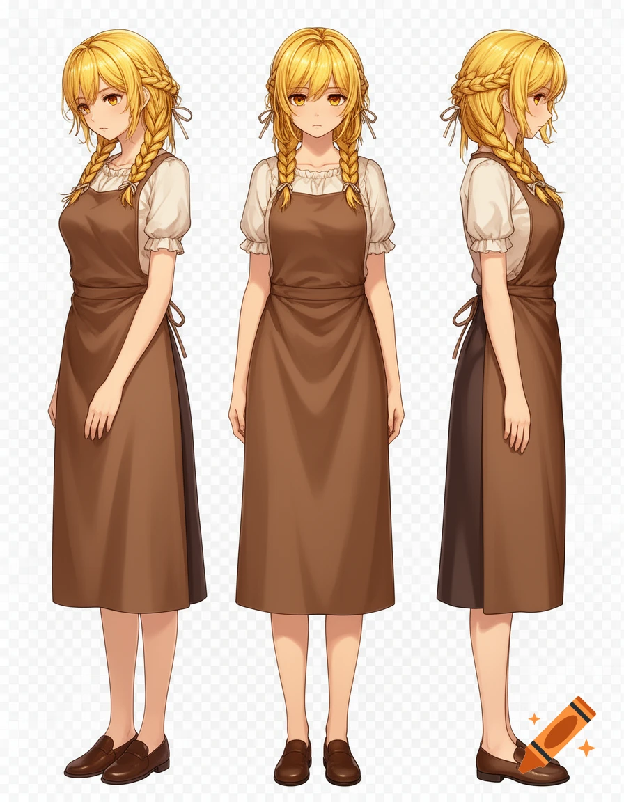 Anime-style character sheet of a young woman with blonde braids and amber eyes, wearing a white blouse and brown apron dress, shown in front, side, and three-quarter views.