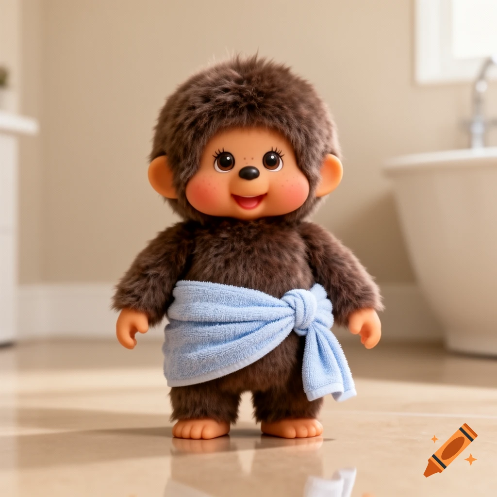 A fluffy brown Monchhichi doll with a smiling face, wearing a light blue towel, stands on a tiled floor in a bathroom.
