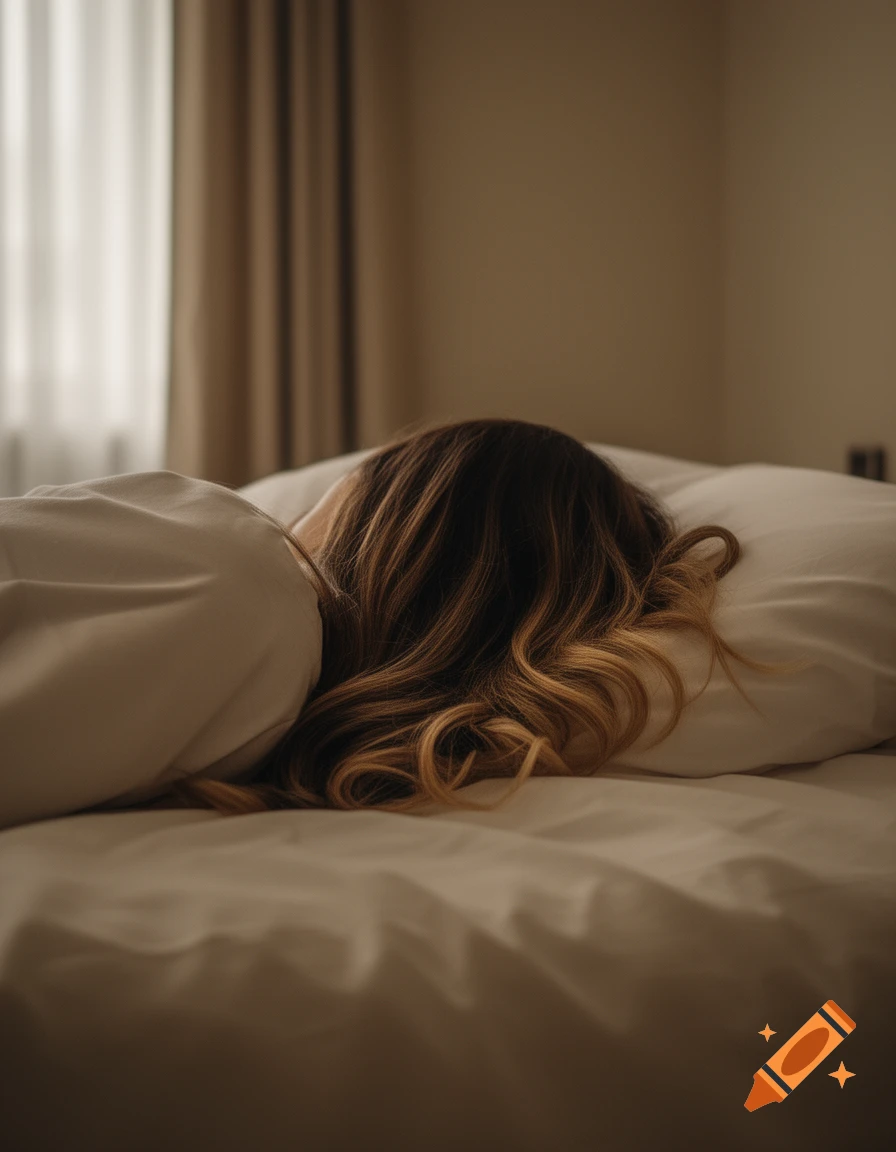 A person with long wavy blonde and brown hair lies face down in a white bed in a softly lit bedroom.