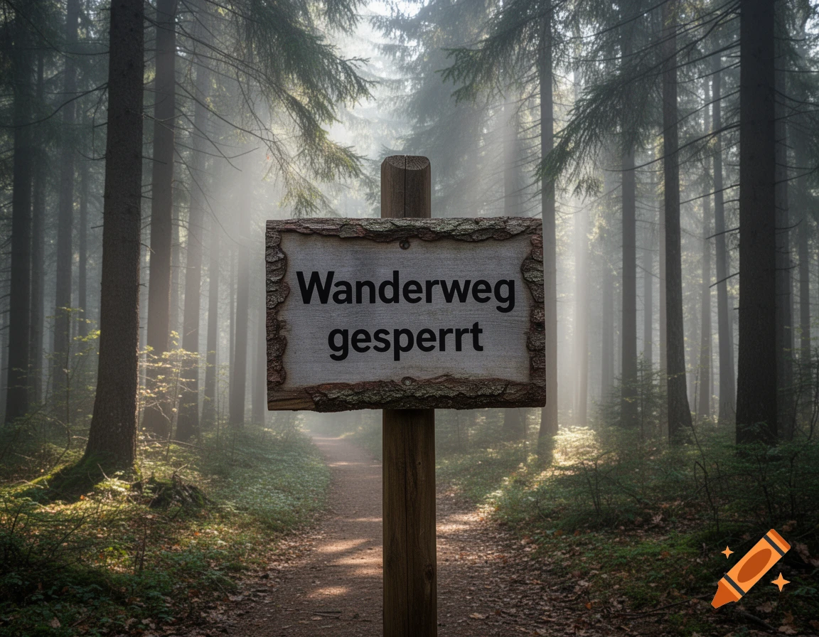 A wooden sign on a forest path reads "Wanderweg gesperrt" (Hiking trail closed) with sunbeams through misty trees.