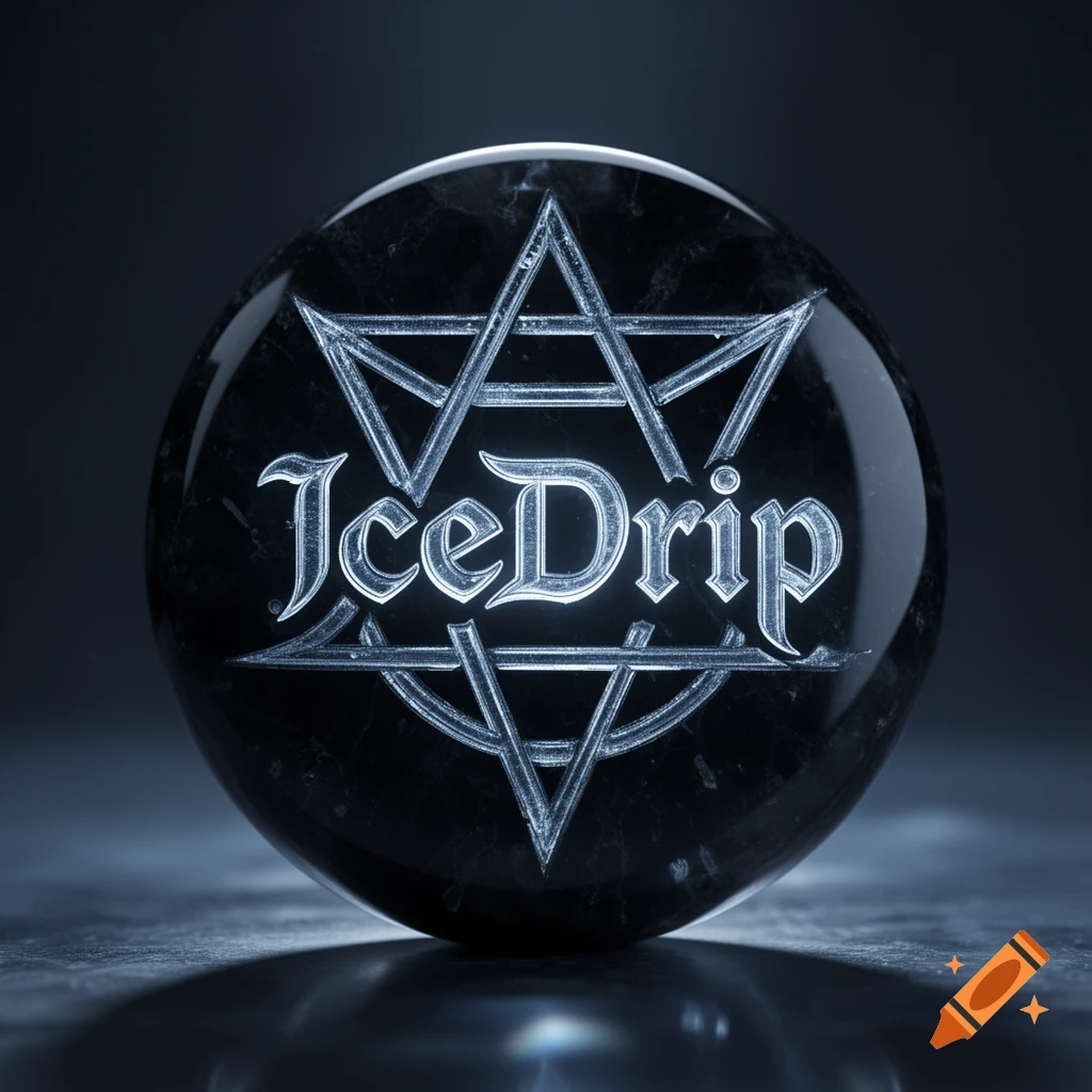 A dark, polished sphere features a glowing silver star-like sigil with 'IceDrip' text in an old English font, lit by an icy blue glow.
