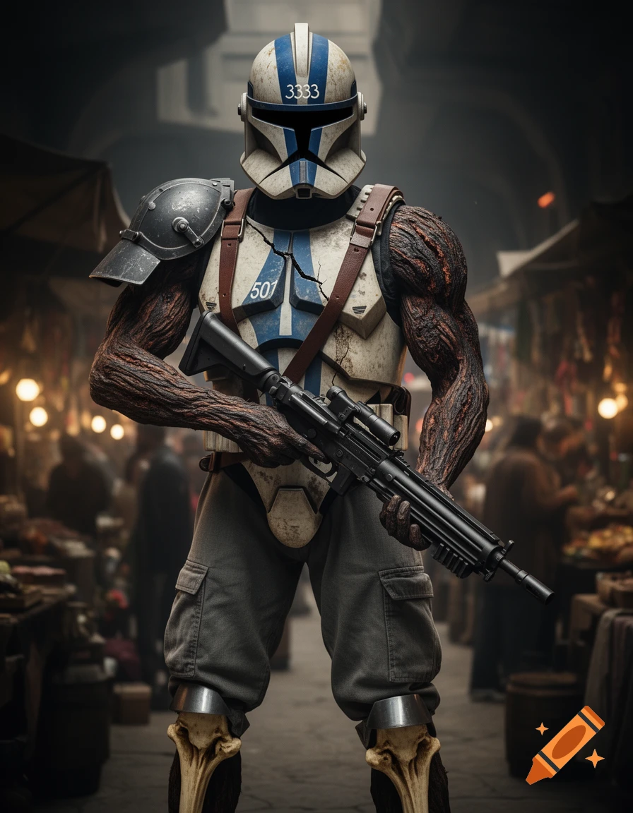 Mutated Star Wars Phase 2 clone trooper with charred skin, holding a blaster rifle in a dark, atmospheric market.