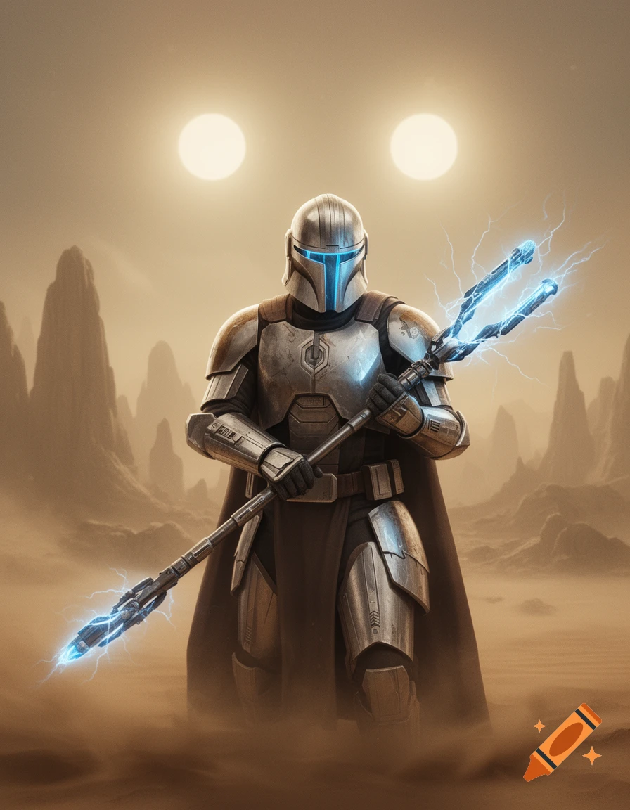 A warrior in Mandalorian-style armor holds an electrostaff on a desert planet with twin suns.