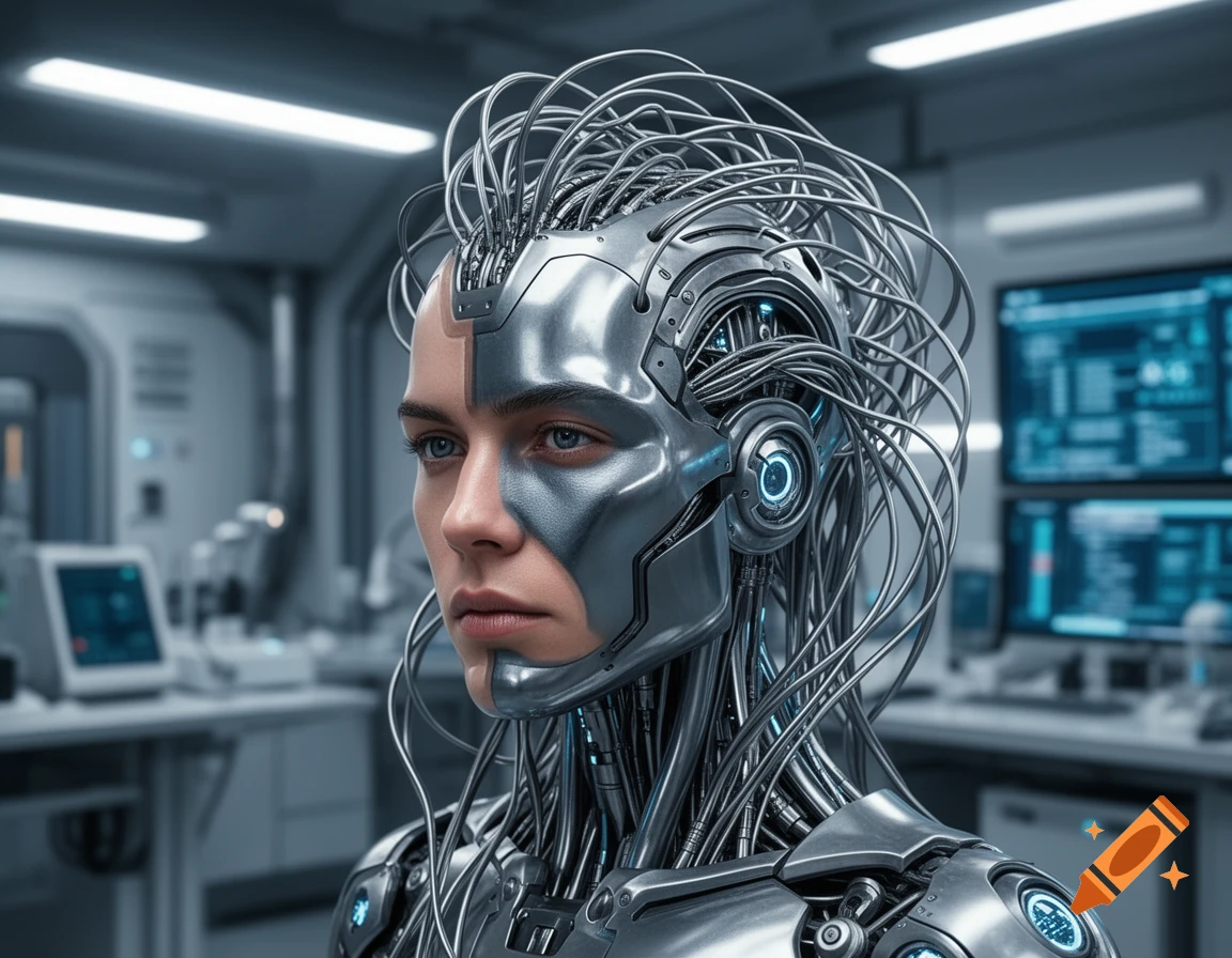 Close-up of a human-faced cyborg with intricate silver mechanics and wires on its head and chest, in a futuristic lab.