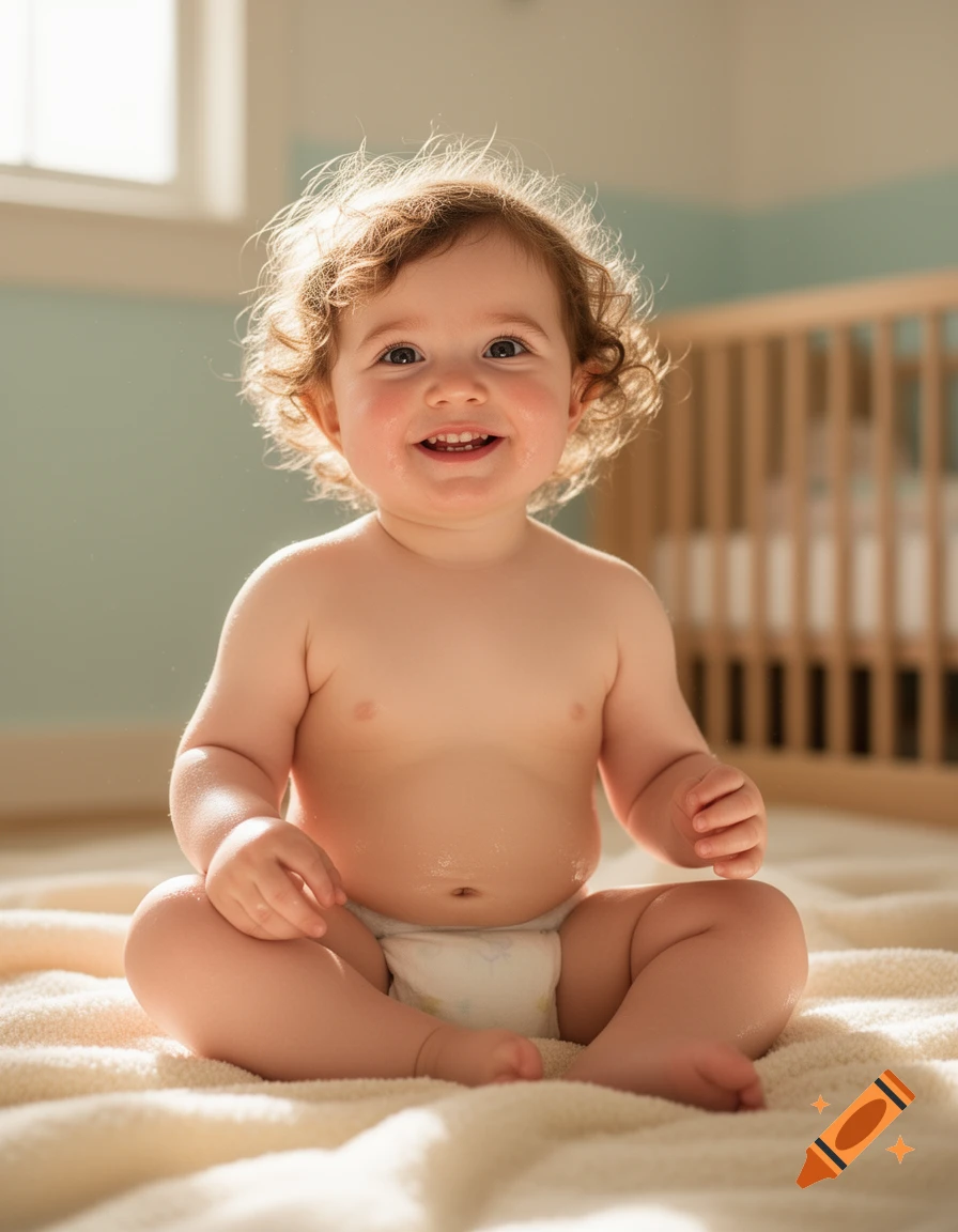 A smiling toddler with curly hair sits in a diaper on a blanket, with a crib in the background, photorealistic style.