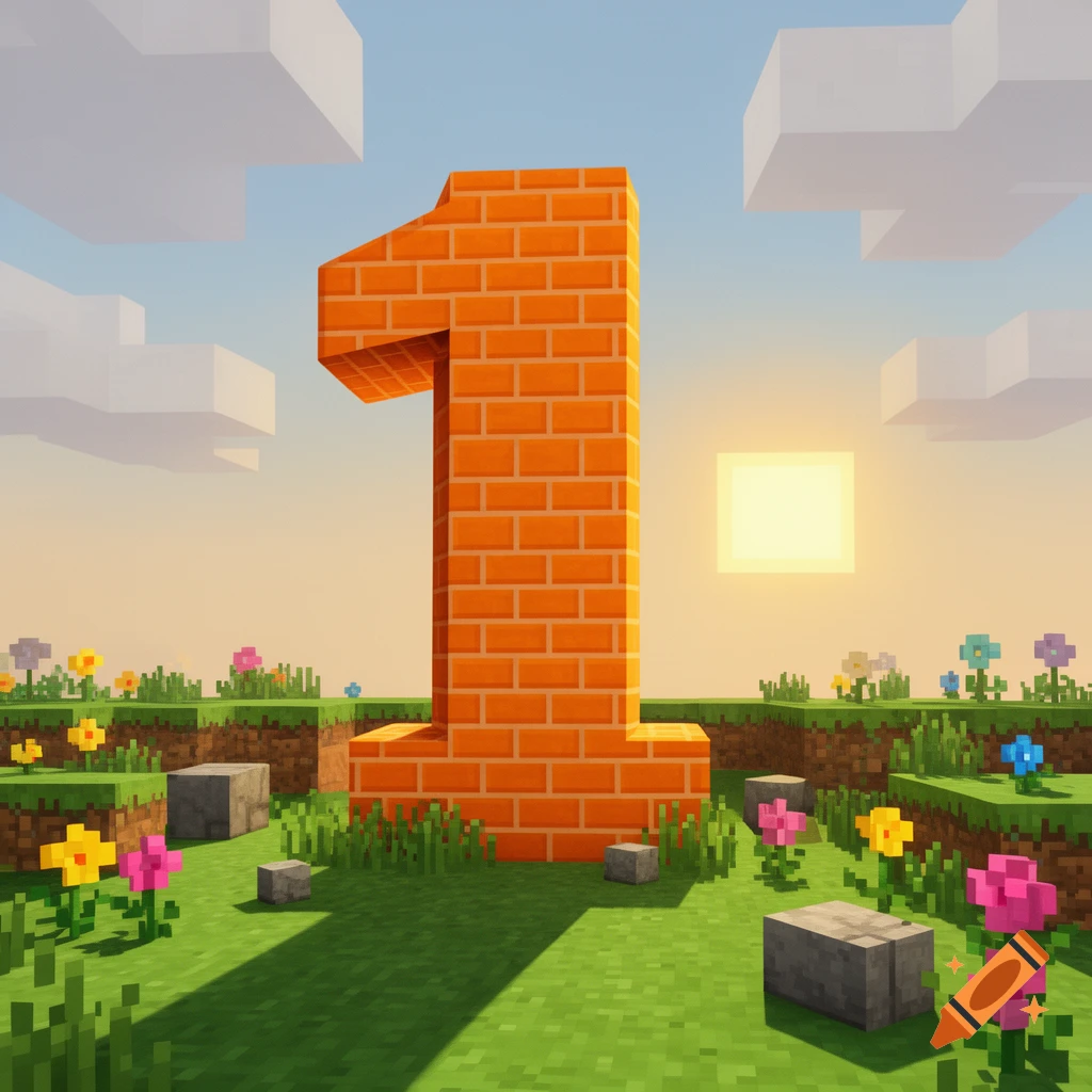 A blocky, orange brick number '1' stands on a Minecraft-style grassy landscape with flowers and clouds.