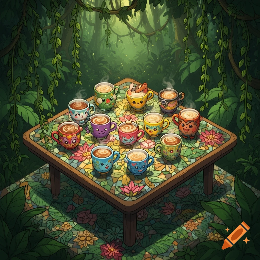 Cartoon-style image of a wooden table covered with colorful, anthropomorphic coffee mugs, set in a lush jungle forest.