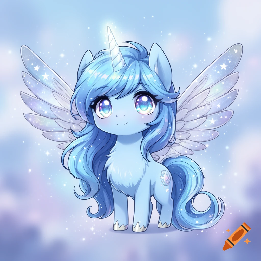 A cute, sparkly blue chibi alicorn with large eyes, long hair, a horn, and translucent wings stands against a soft blue, starry background.