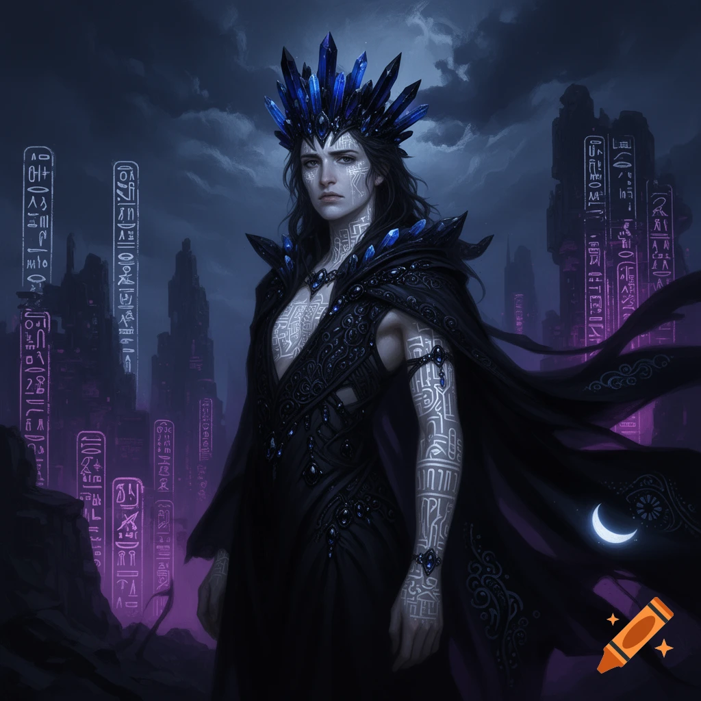 A dark fantasy queen in a crystal crown and intricate dark attire with glowing patterns, standing in a futuristic, gothic city under a stormy sky.