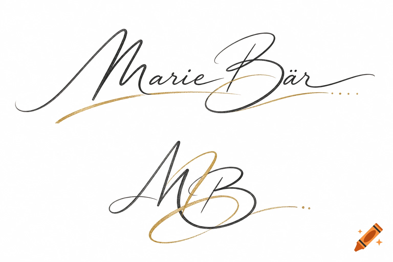 Elegant black and gold script signatures: 'Marie Bär' and intertwined initials 'MB' on a white background.
