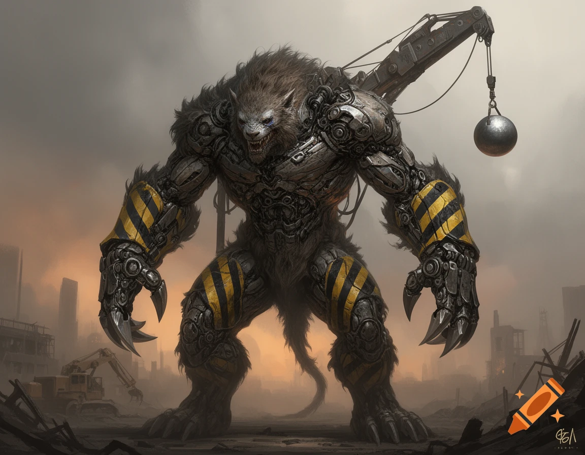 A hulking industrial monster beast with fur and mechanical parts, yellow and black caution stripes, and a crane arm with a wrecking ball for a tail, stands in a ruined cityscape in a concept art style.