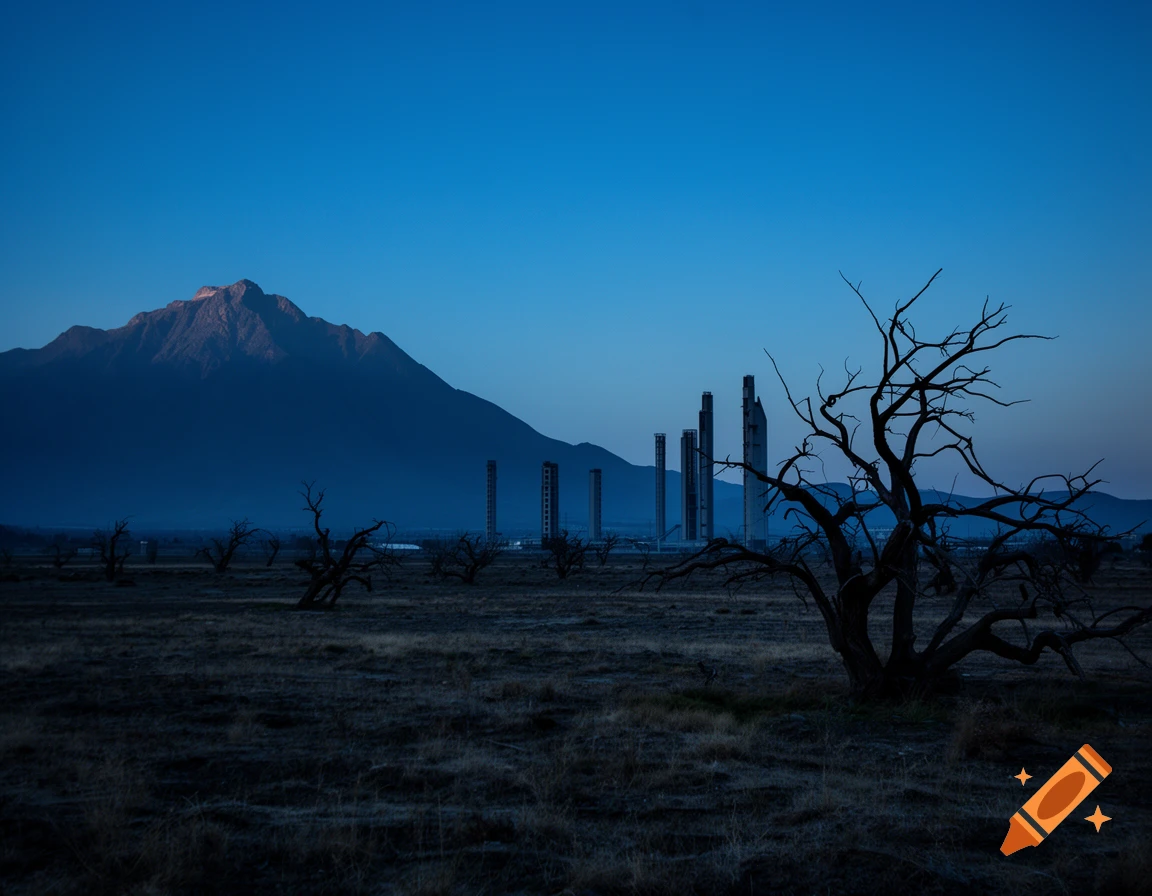 A dark blue sky over a landscape with a large mountain on the left, tall industrial structures in the distance, and silhouetted dead trees on dry grass in the foreground.