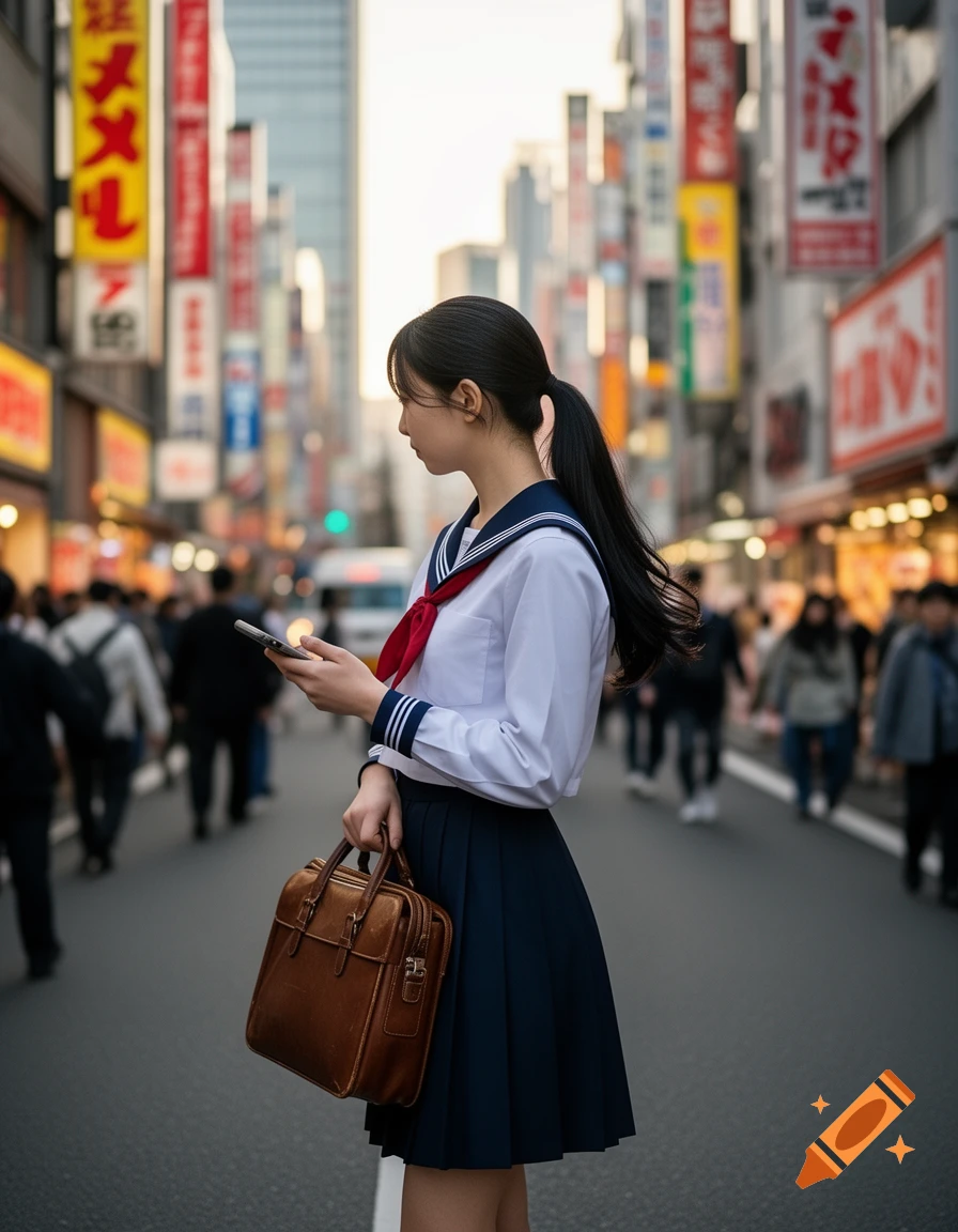 A Japanese high school girl in a sailor uniform stands on a city street, looking away while holding a phone and a briefcase. Photorealistic.