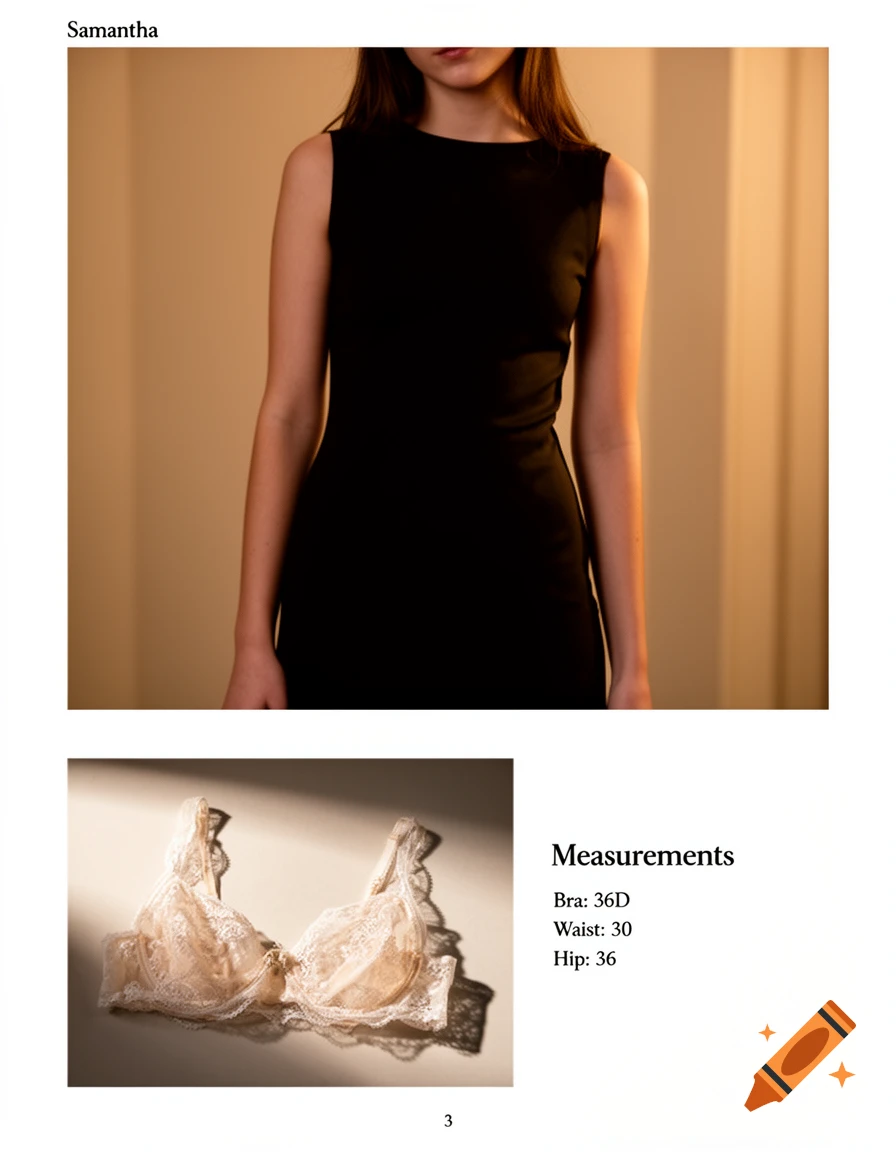 A yearbook page with a woman in a black dress, a lace bra, and body measurements listed. Photorealistic style.