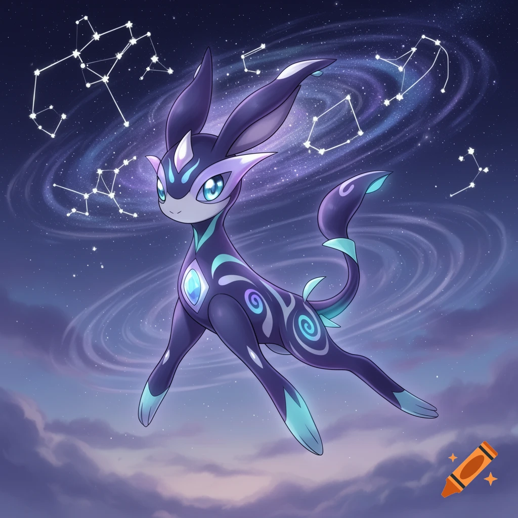 A dark purple and teal celestial creature resembling a Pokemon, with glowing patterns, floating in a starry galaxy with constellations.