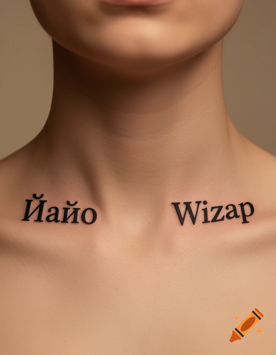 Close-up of a person's neck and upper chest with "Йайо" and "Wizap" tattoos in black ink, photorealistic.