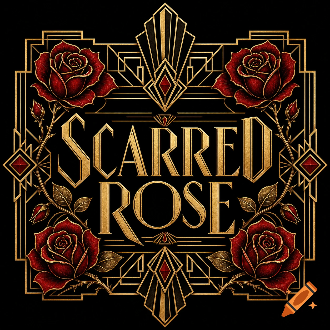 Art Deco band logo for 'Scarred Rose' featuring metallic gold text, red roses, and geometric patterns on a black background.