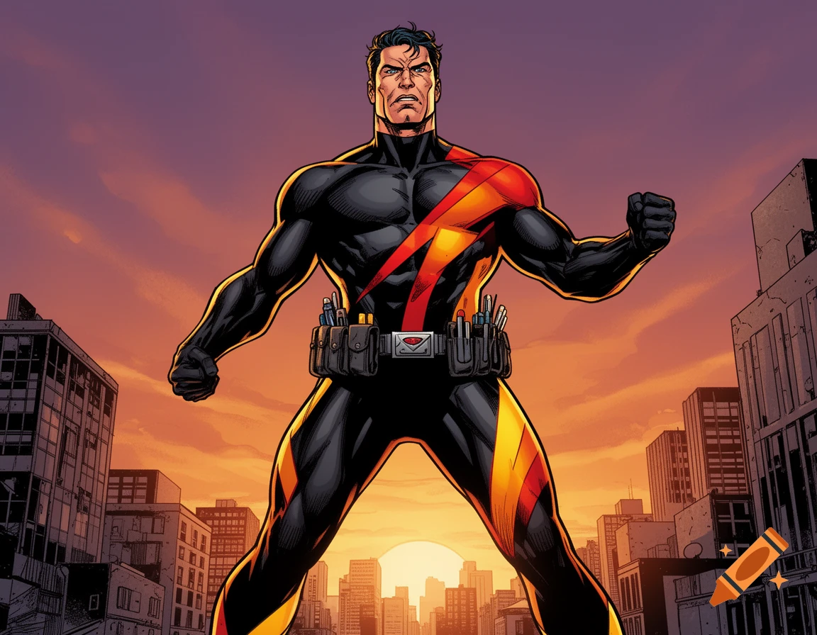 A male superhero in a black, red, and yellow suit with a utility belt stands in a powerful pose against a city sunset in a comic art style.