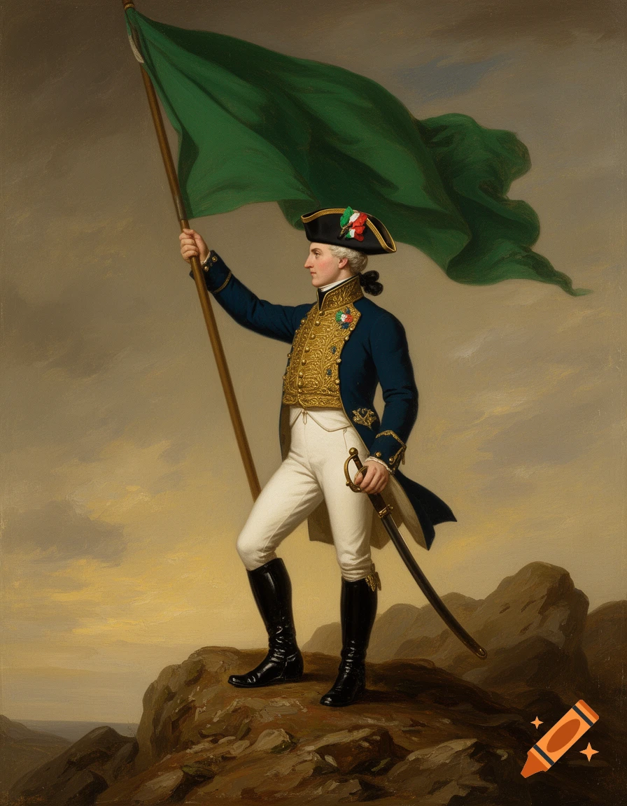 Oil painting of a man in 19th-century military uniform holding a green flag on a rocky landscape.
