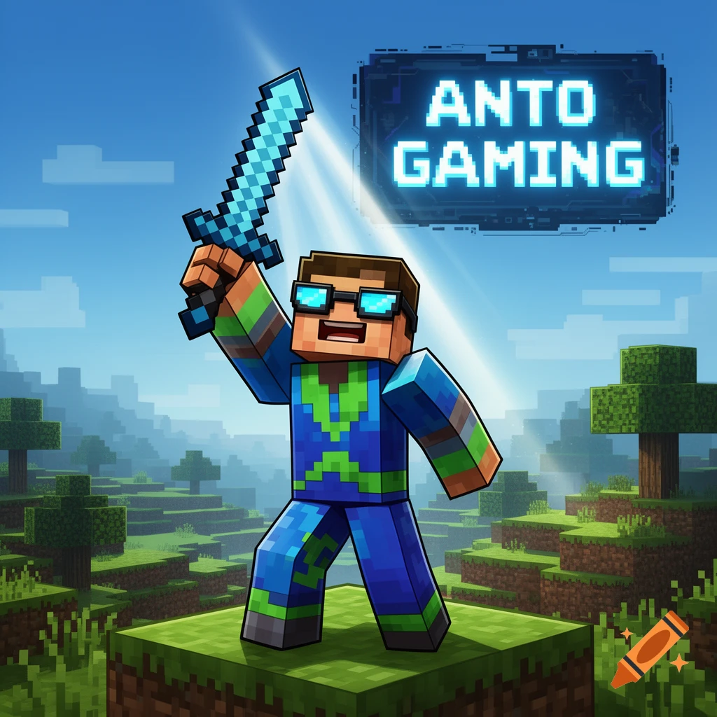 A blocky character in blue and green, resembling a Minecraft avatar, stands on a grassy block holding a diamond sword, with 'ANTO GAMING' text in a glowing sign above.