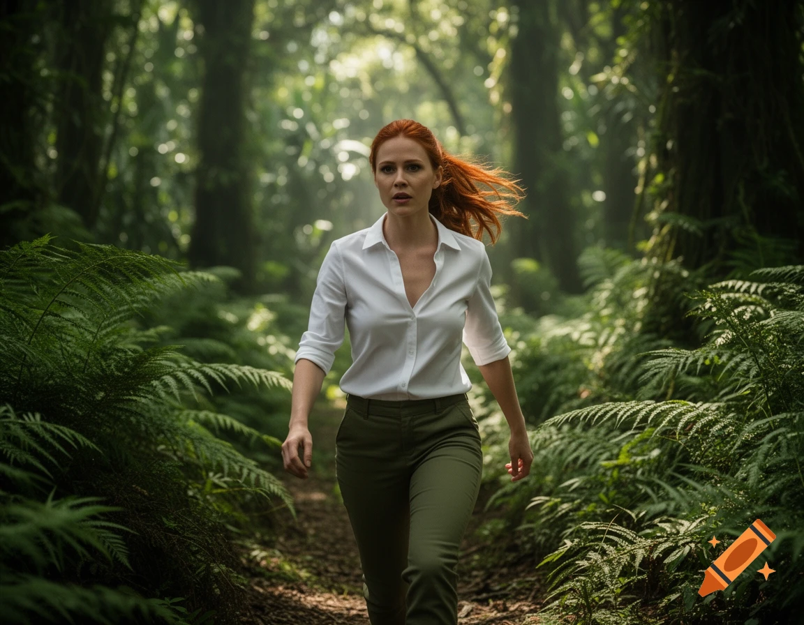 A determined woman with red hair walks through a dense, sunlit jungle, wearing a white shirt and green pants.