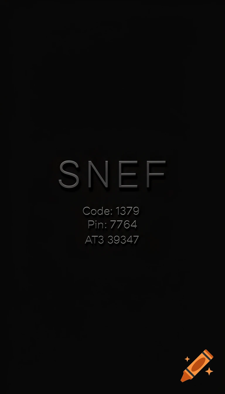 White text on a black background reading 'SNEF', 'Code: 1379', 'Pin: 7764', 'AT3 39347'.